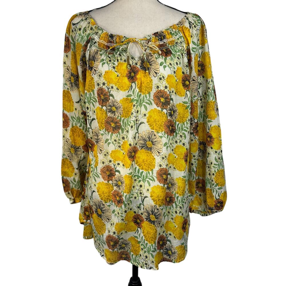 Boho Jane Medium Tunic Top Floral Long Balloon Sleeves Semi-Sheer Keyhole Neck